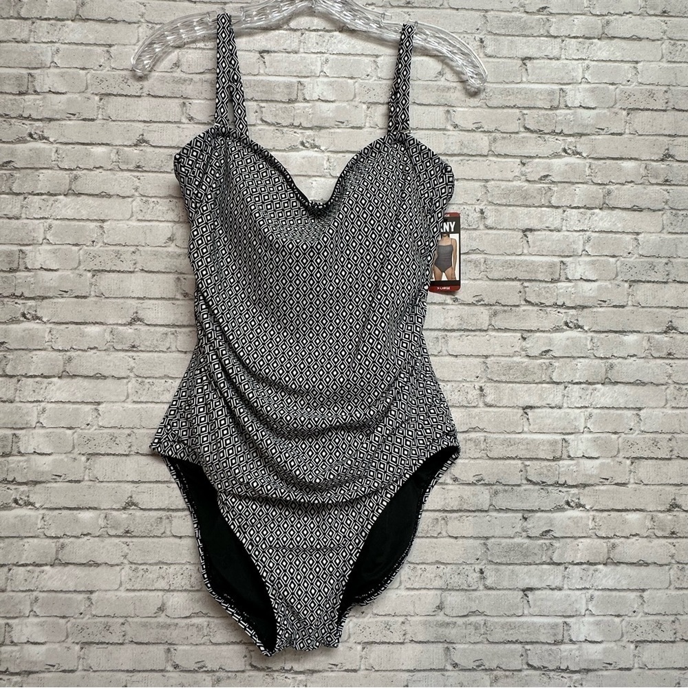 DKNY Women's Swimsuit Size XL One-Piece UPF Protect Black White Geometric NEW